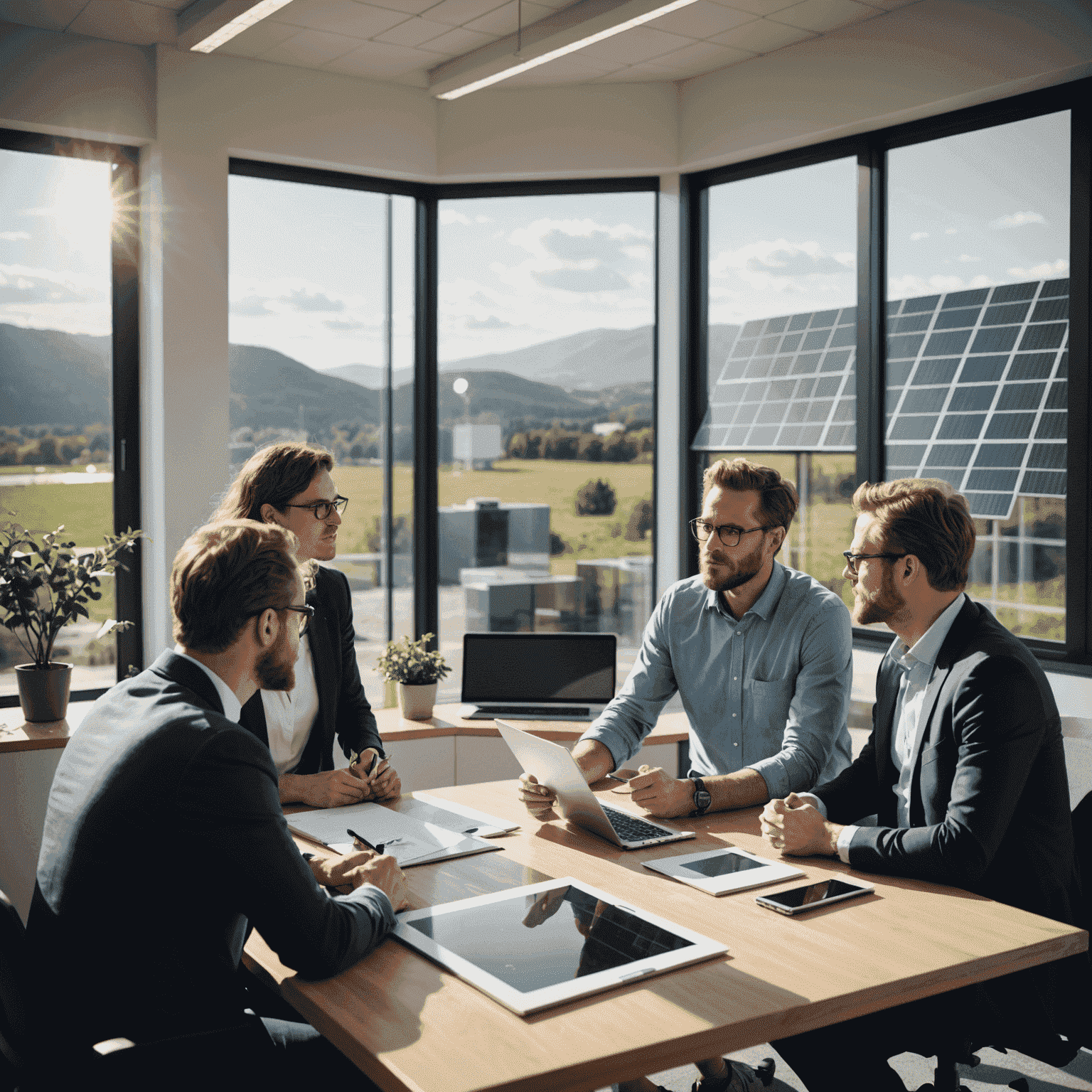 Team of renewable energy experts discussing innovative energy storage solutions in a modern office setting with solar panels visible through the window