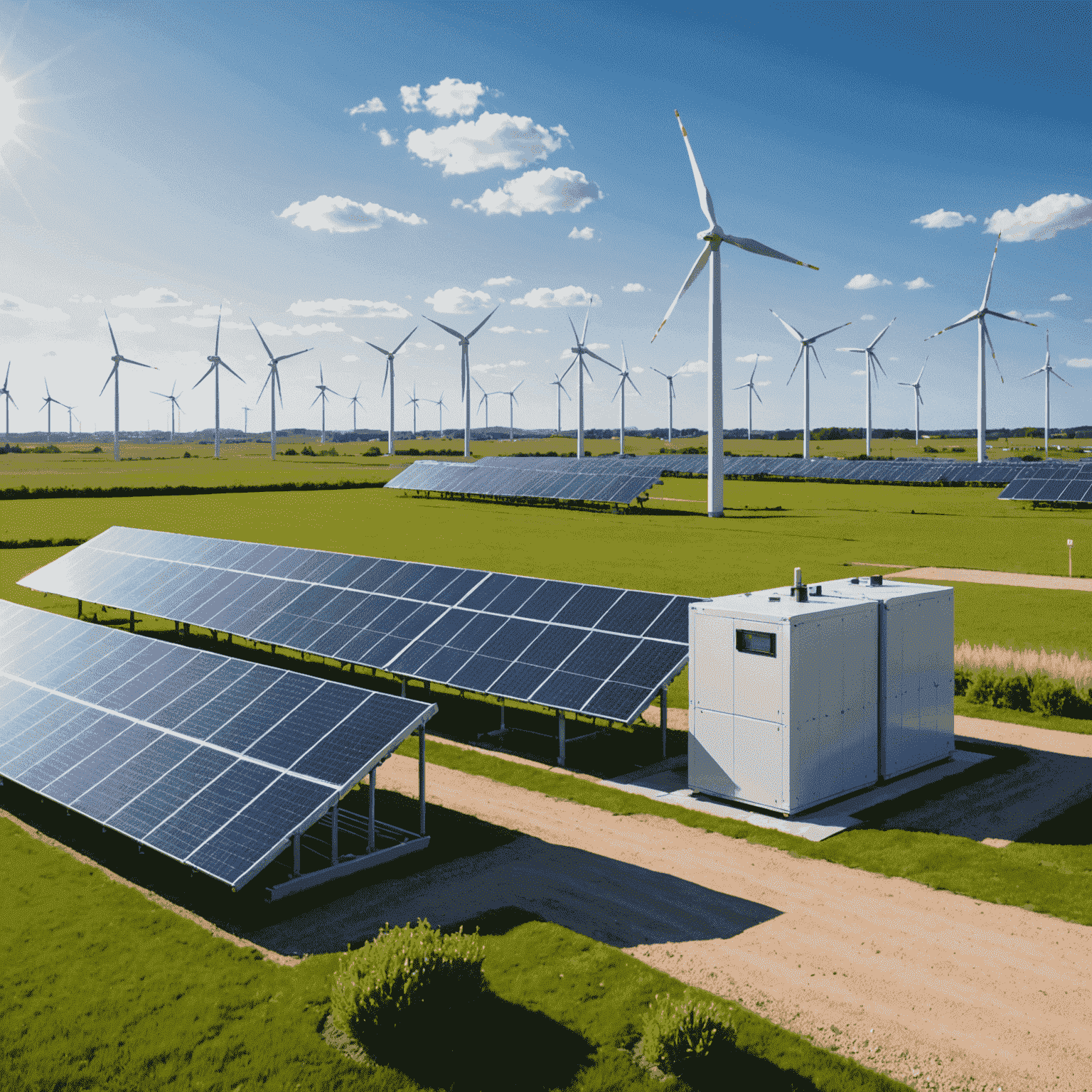 Innovative energy storage facility with solar panels and wind turbines in the background, showcasing EcoInsight's commitment to renewable energy solutions