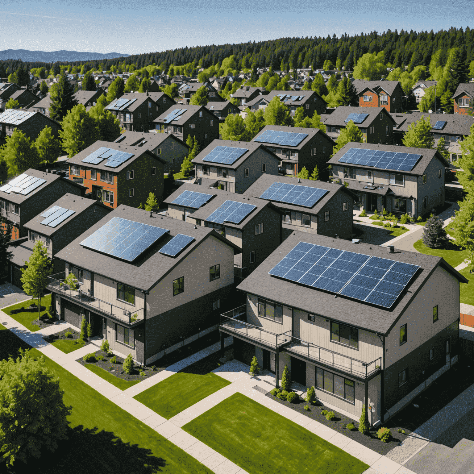 A modern residential area with solar panels on rooftops and sleek energy storage units visible next to houses, showcasing the integration of solar power and storage in Canadian neighborhoods