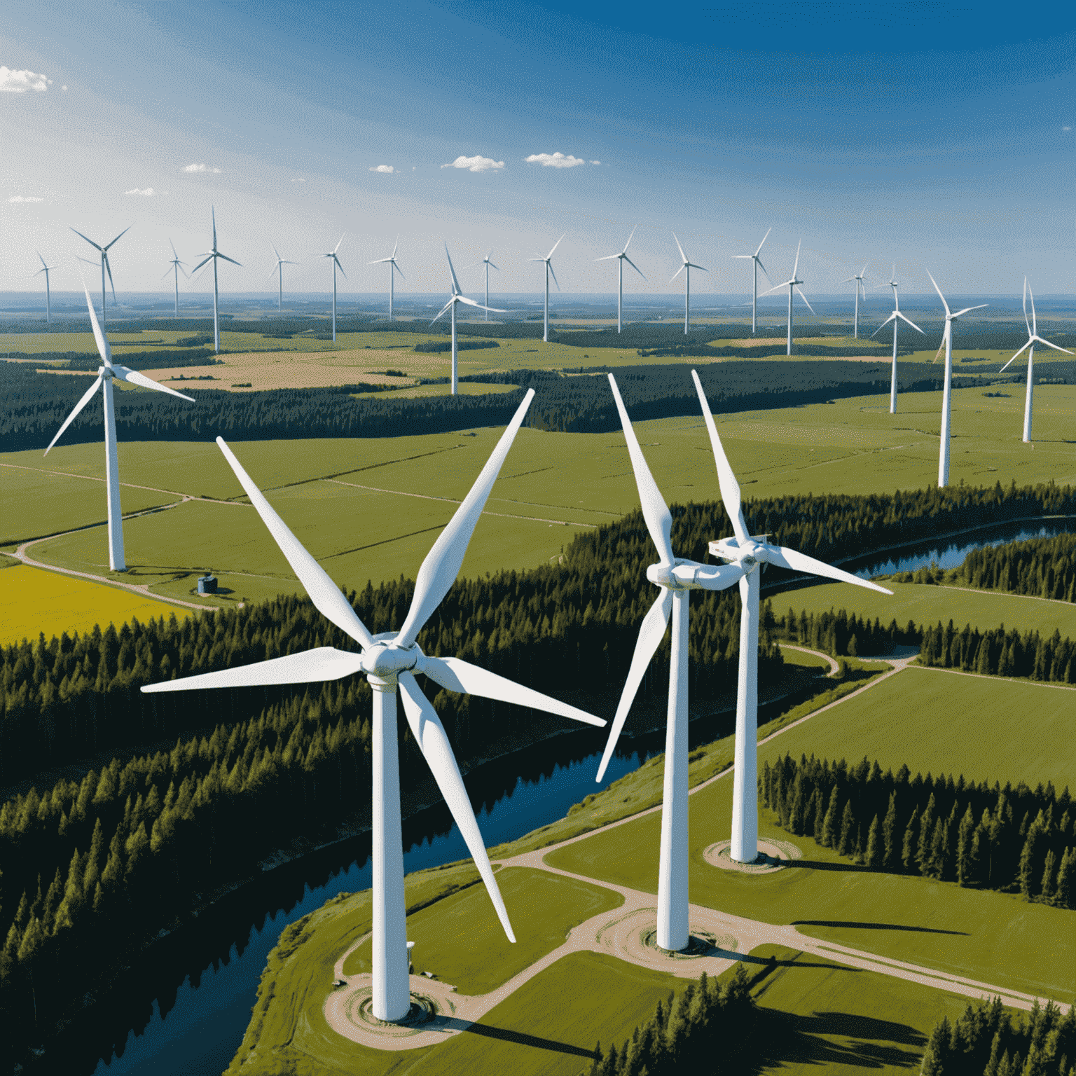 A modern wind farm in Canada with large turbines and innovative energy storage facilities in the foreground