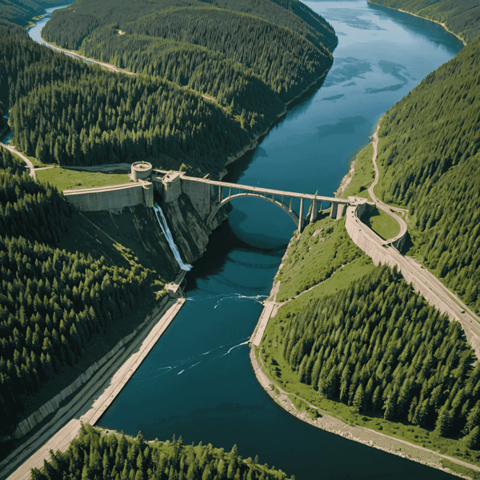 Aerial view of a large hydroelectric dam with surrounding lush forests and a serene lake, showcasing Canada's abundant hydroelectric resources