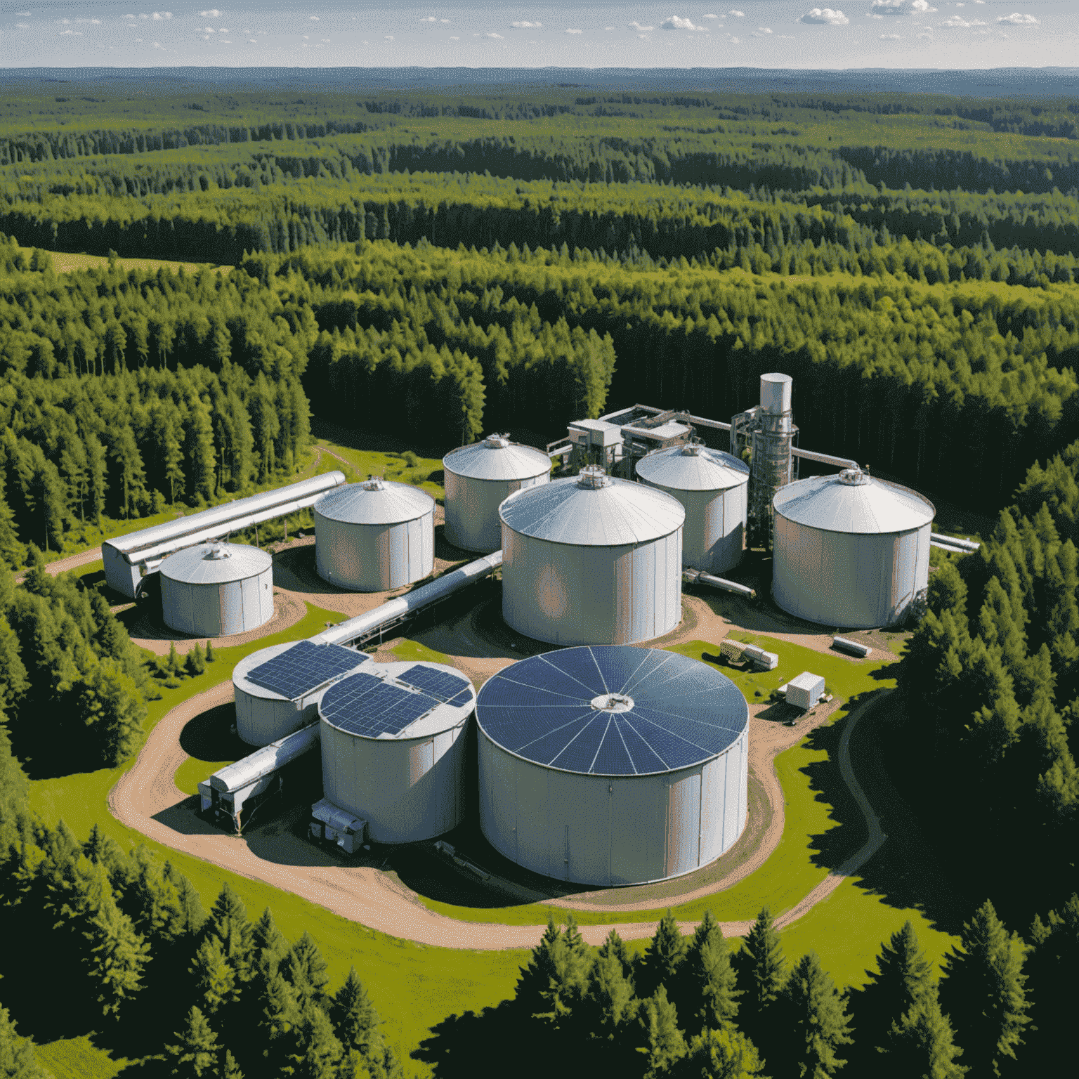 A large biomass storage facility in a Canadian forest, with silos and conveyor systems surrounded by lush green trees. Solar panels are visible on the roof, showcasing the integration of multiple renewable energy sources.