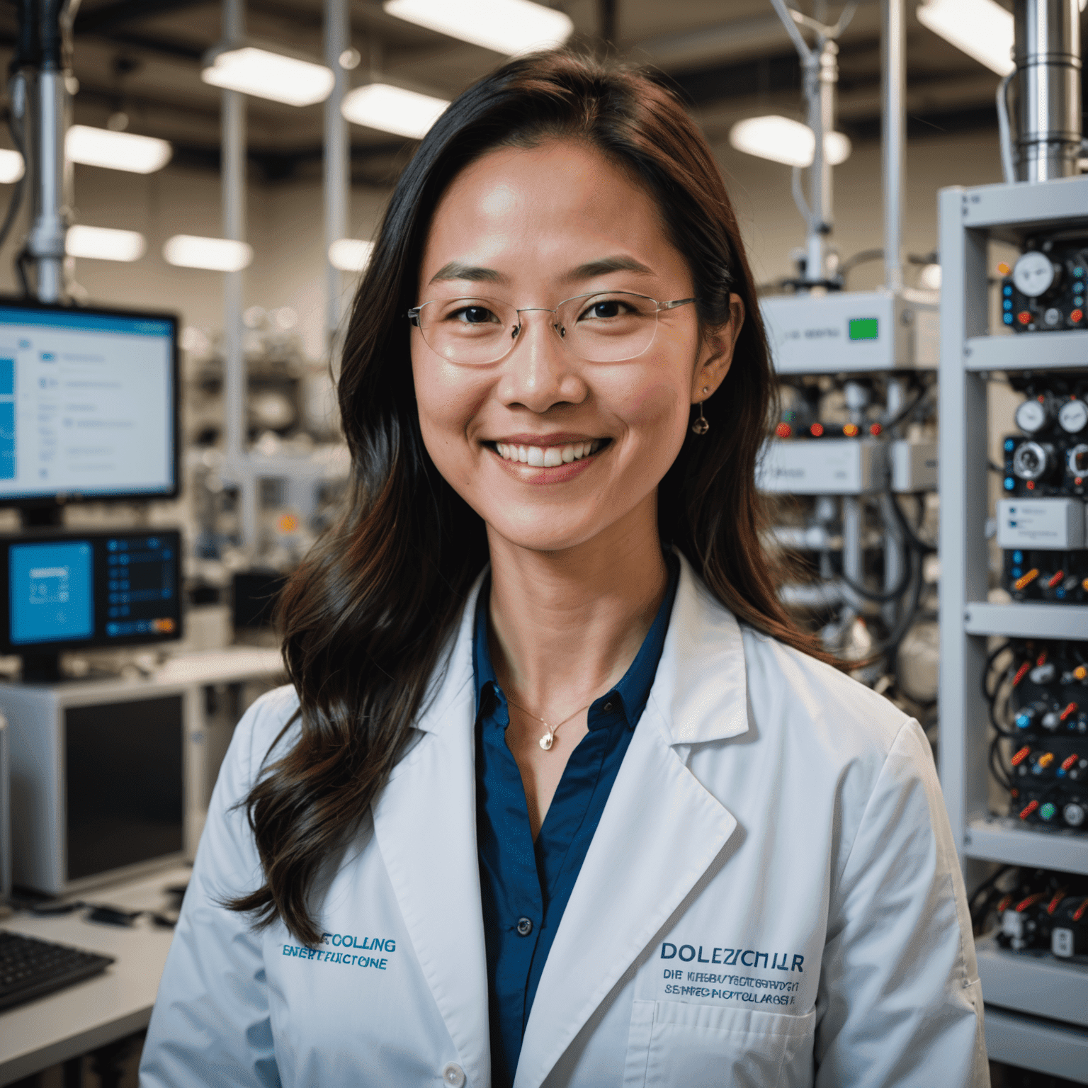 Dr. Emily Chen, Energy Storage Specialist, smiling in a lab coat with energy storage prototypes in the background