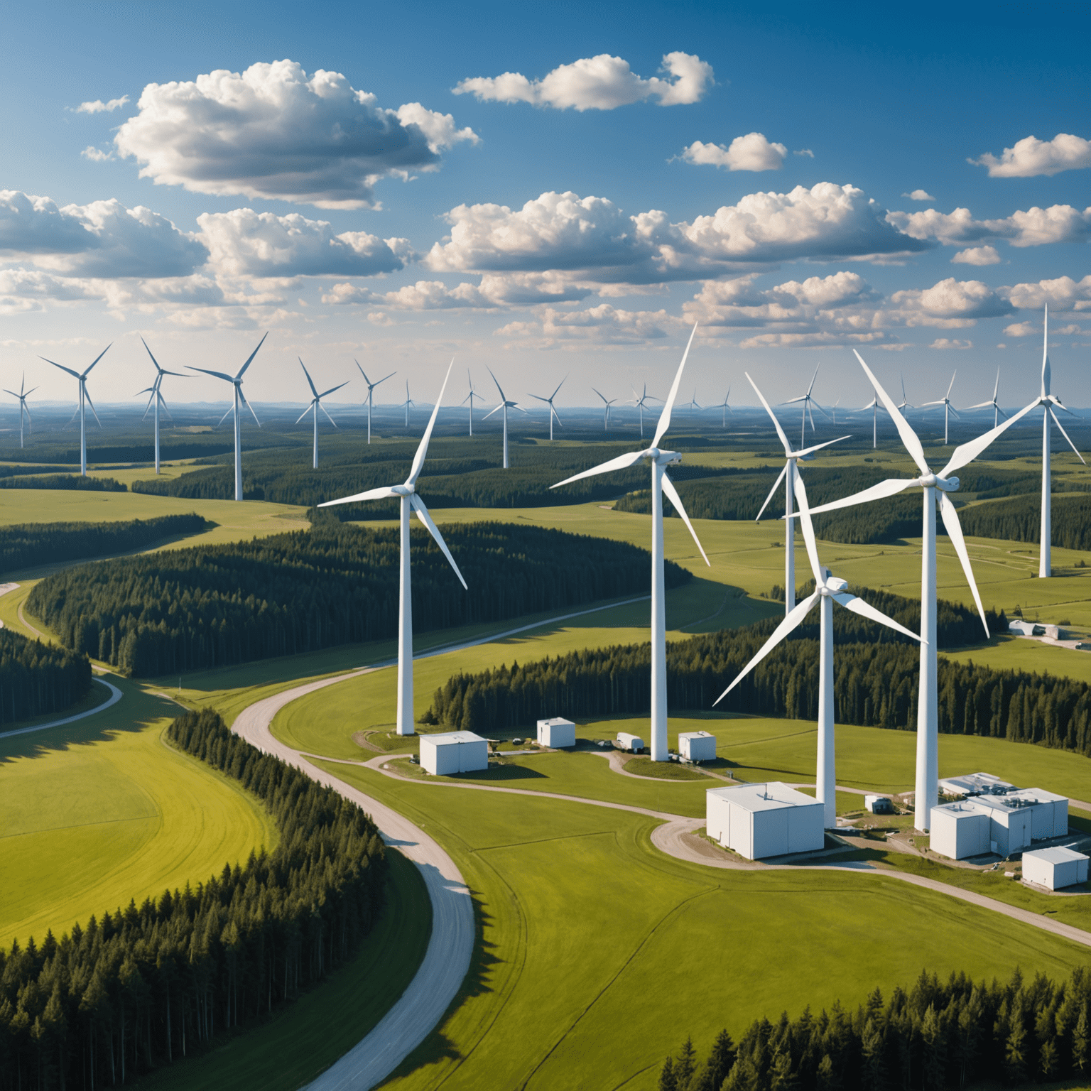 Wind turbines and advanced energy storage facilities at a Canadian wind farm, illustrating innovative wind energy storage solutions