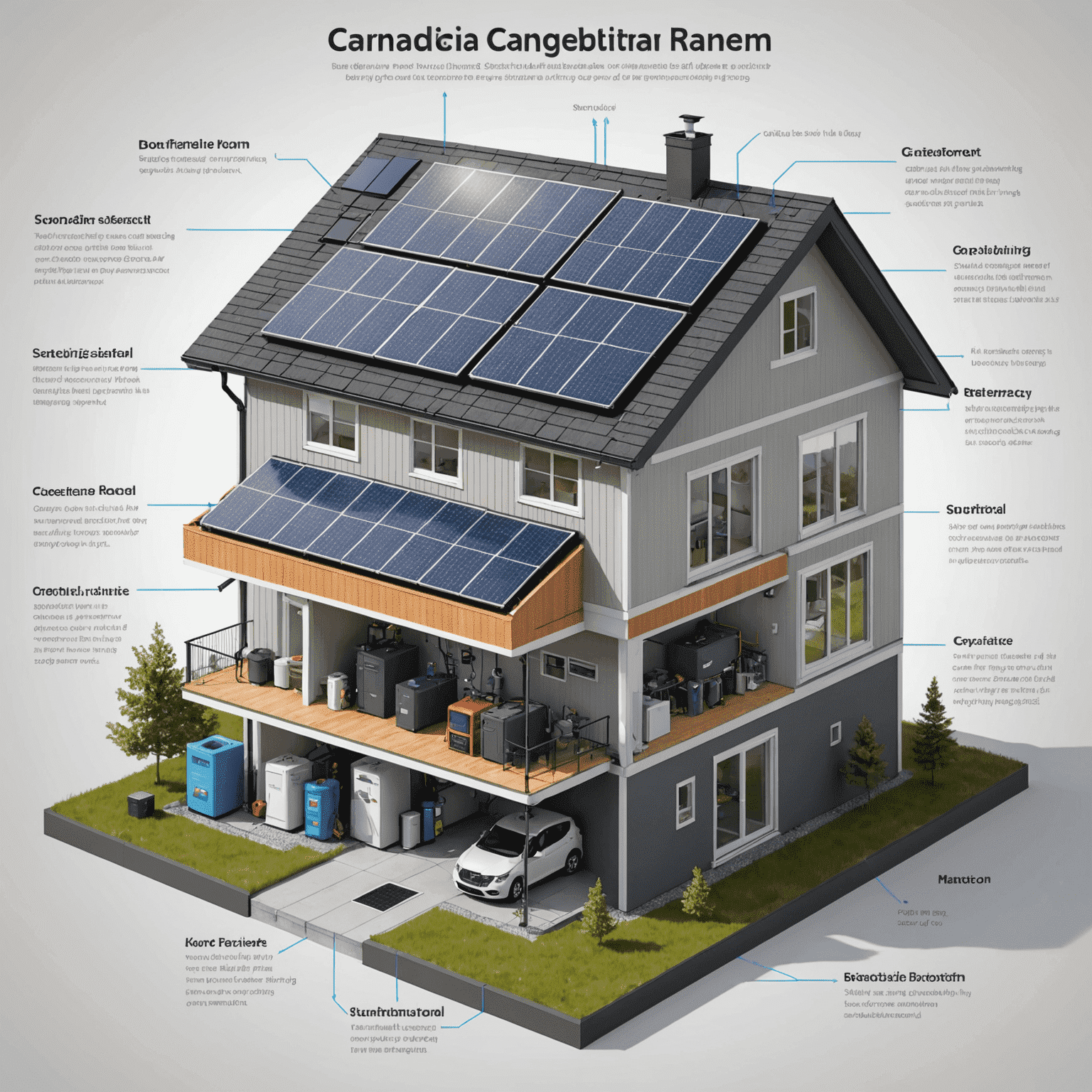 A cutaway diagram of a modern Canadian home showing solar panels on the roof connected to a compact, high-capacity battery storage system in the basement, with arrows indicating energy flow