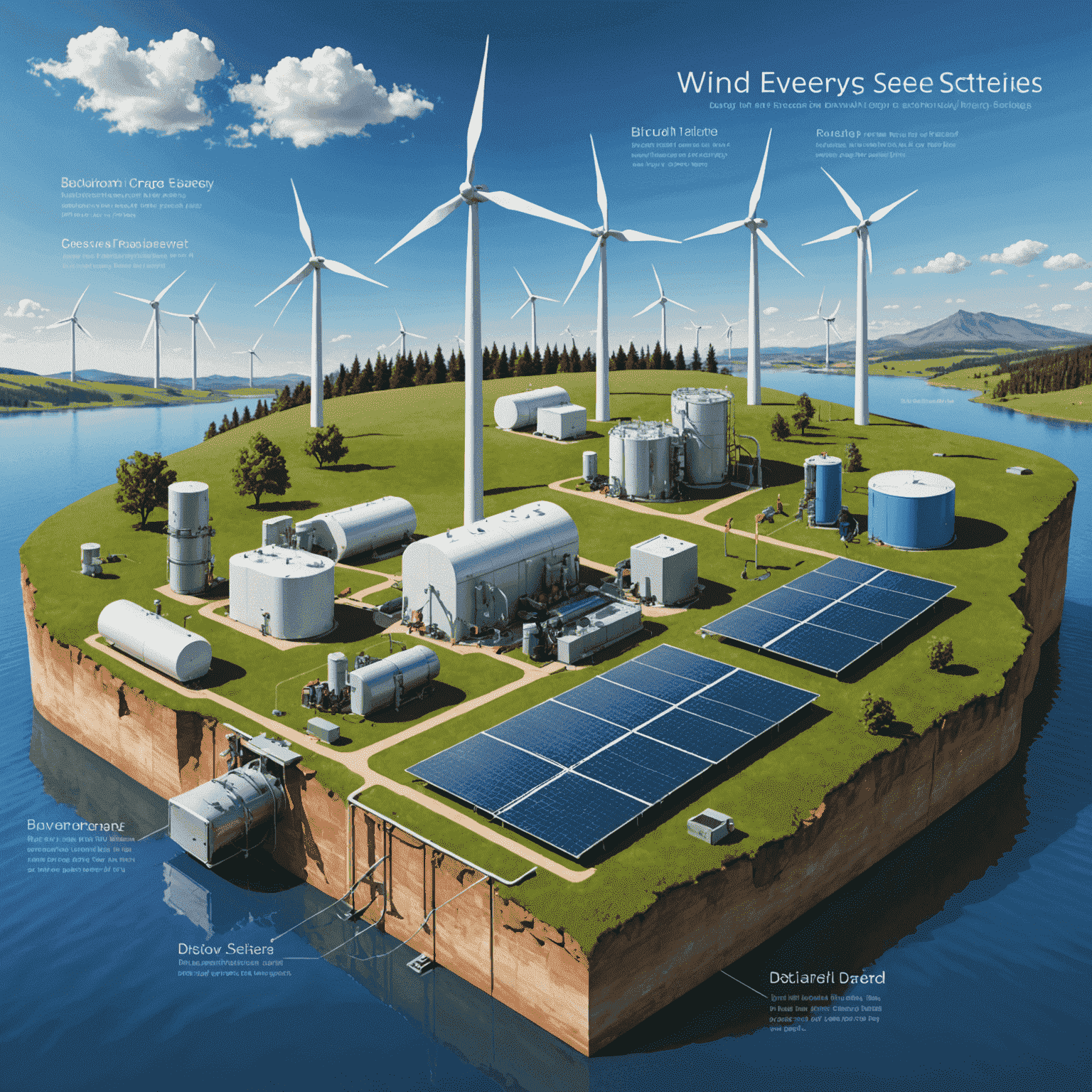 Diagram showing various wind energy storage technologies: batteries, pumped hydro, compressed air, and flywheels