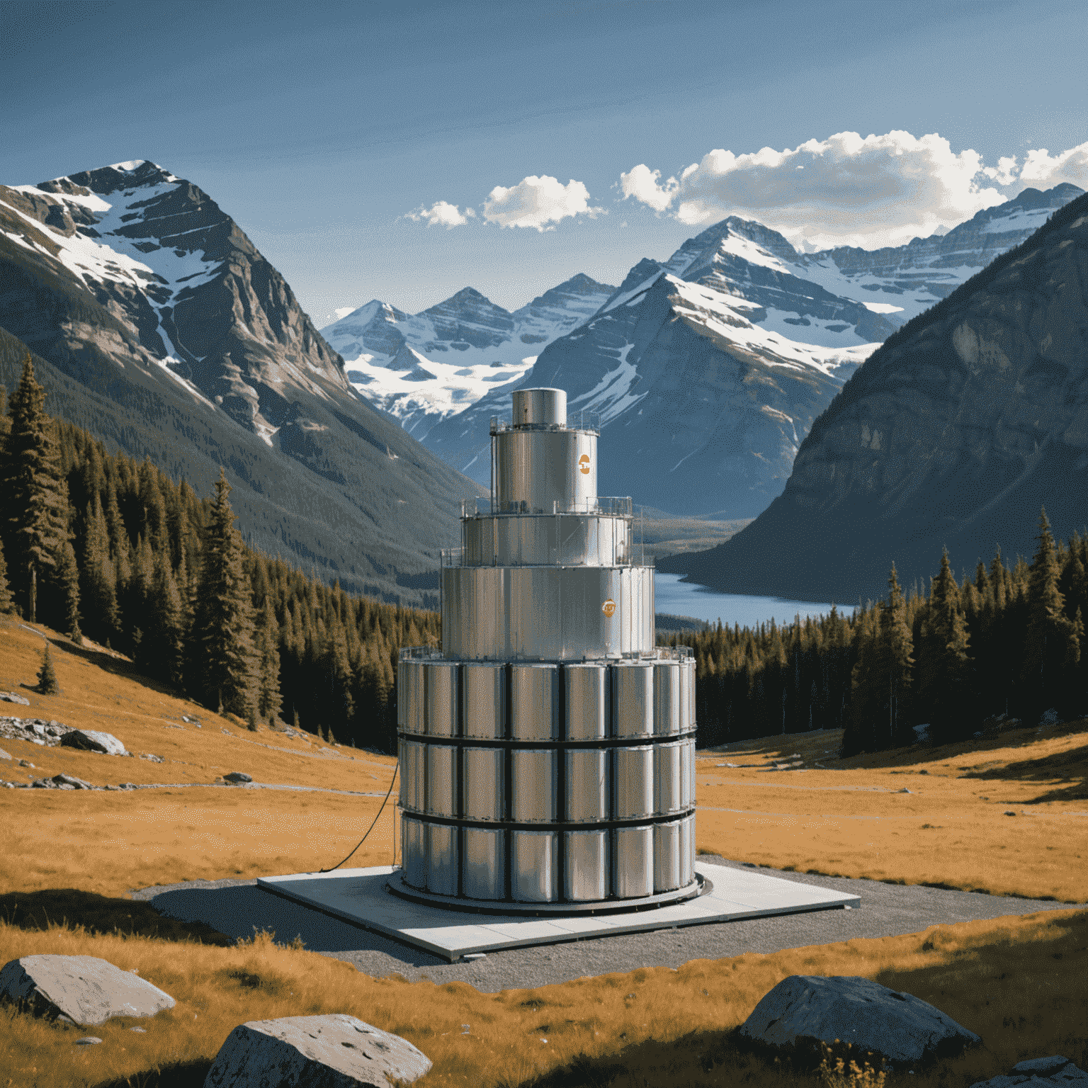 Conceptual illustration of a gravity-based energy storage system using weighted blocks in a tall structure against a Canadian mountain backdrop