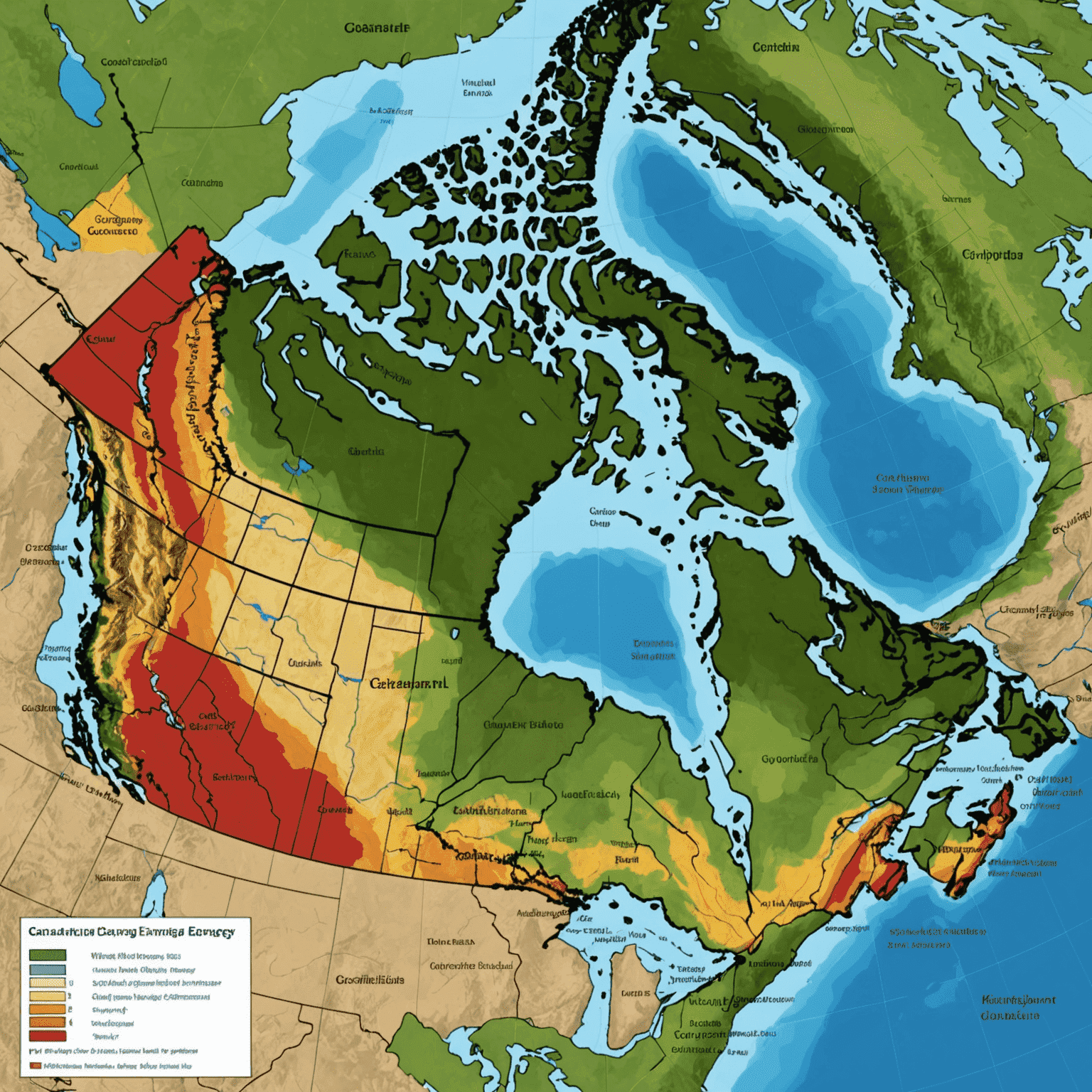 Map of Canada highlighting potential geothermal energy storage sites, with emphasis on the Western Canadian Sedimentary Basin, Canadian Shield, and Cordillera region