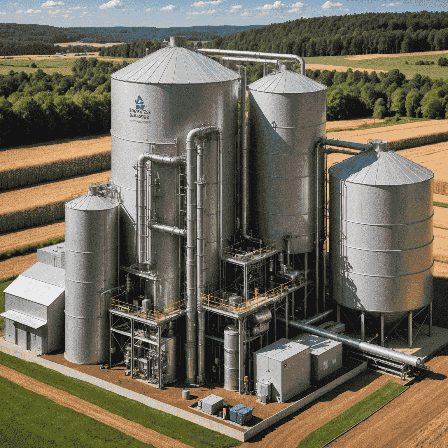 A cutaway diagram of a modern biomass storage system, showing underground silos, automated sorting mechanisms, and integrated moisture control systems. The diagram is overlaid with infographics highlighting energy efficiency metrics.