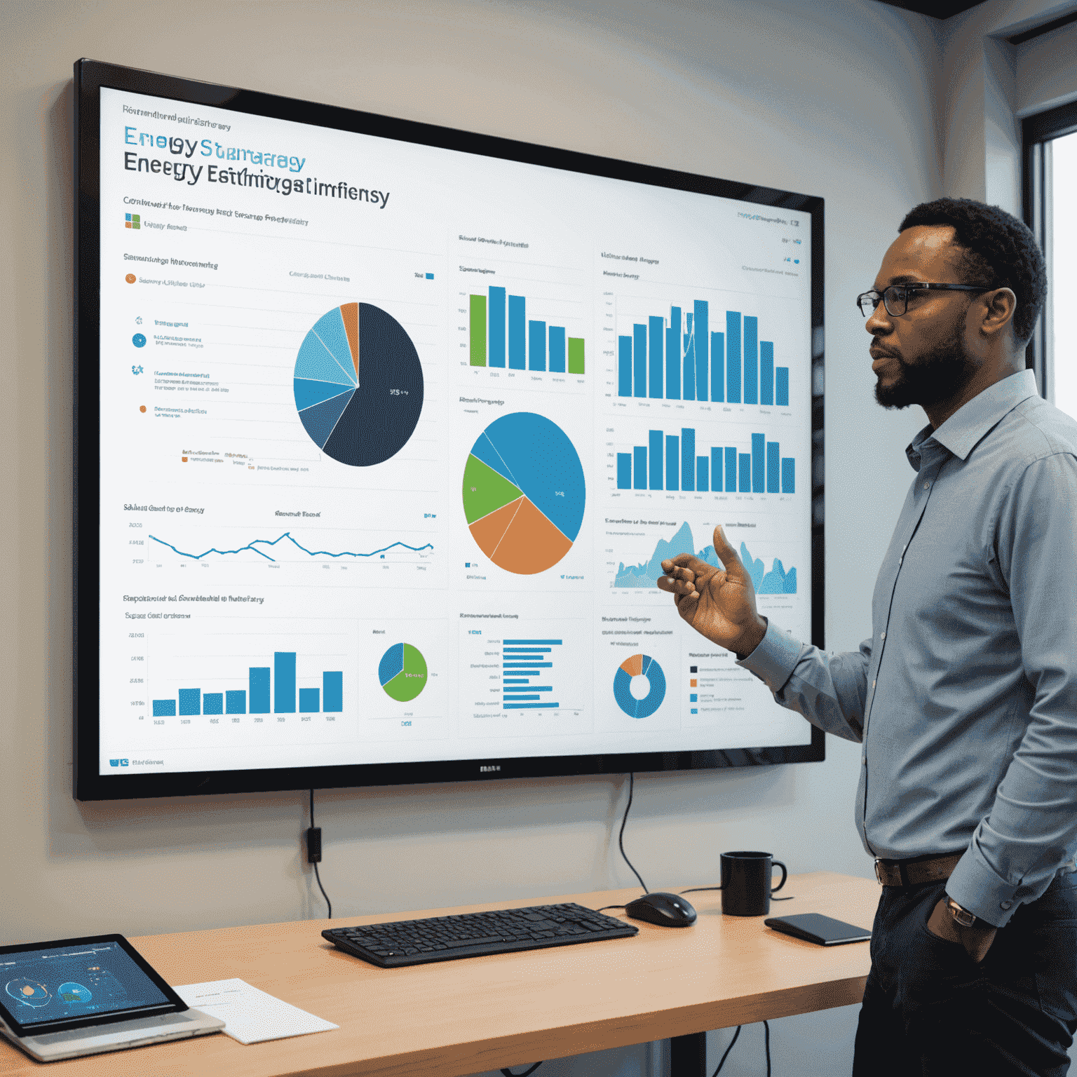 Michael Thompson, Renewable Energy Analyst, presenting data on a large screen with graphs showing energy storage efficiency improvements