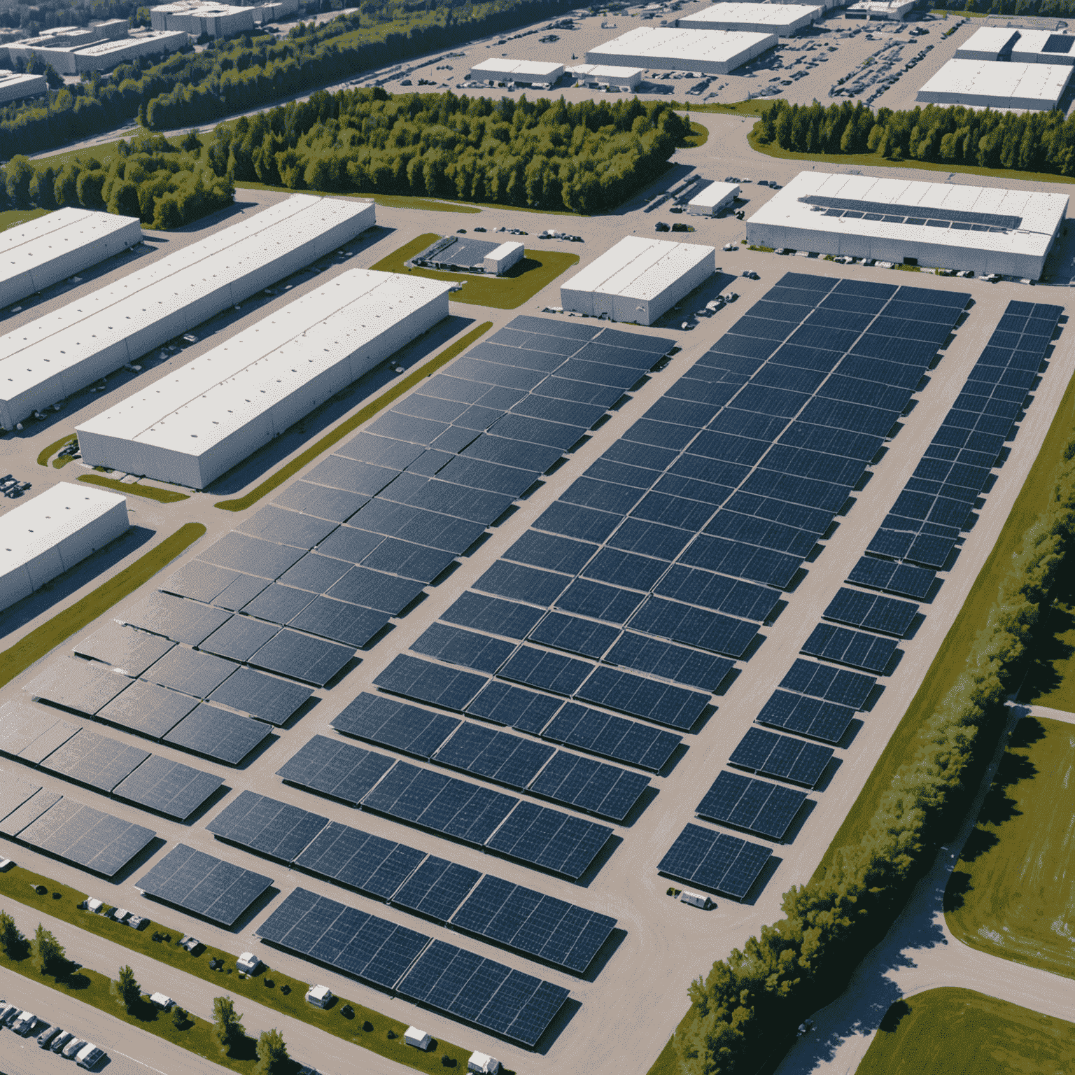 An aerial view of a large commercial complex in Canada with extensive solar panel arrays on the roof and multiple large-scale battery storage units visible, showcasing industrial-scale solar energy storage