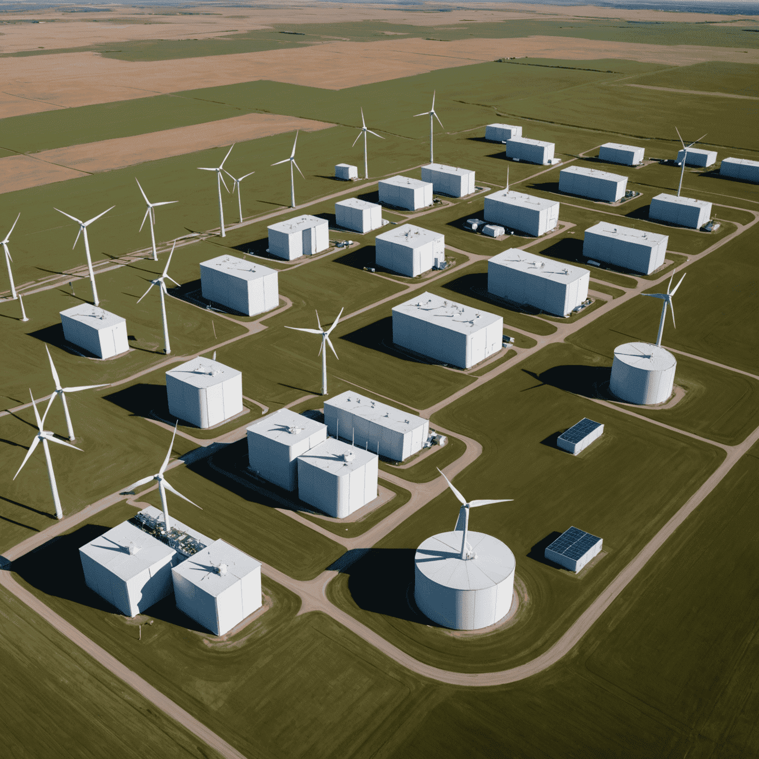 Aerial view of the Alberta Wind-Plus-Storage Project showing wind turbines and large-scale battery storage containers