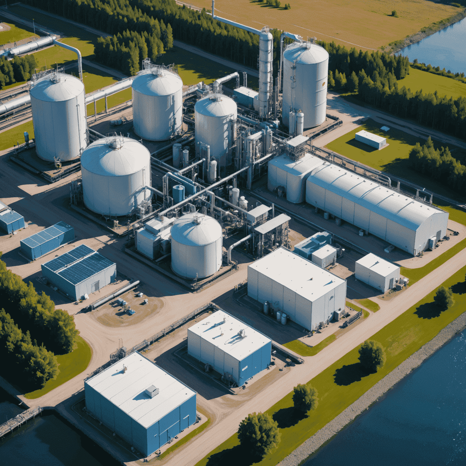 Modern hydrogen production facility powered by hydroelectricity, with storage tanks and distribution infrastructure in a Canadian industrial setting