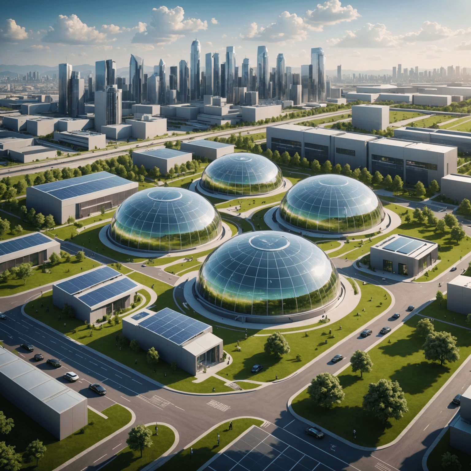 A futuristic biomass energy storage facility integrated into a smart city landscape. The facility features transparent domes showcasing stored biomass, with electric vehicles and green spaces surrounding it. Holographic displays show real-time energy production and storage data.