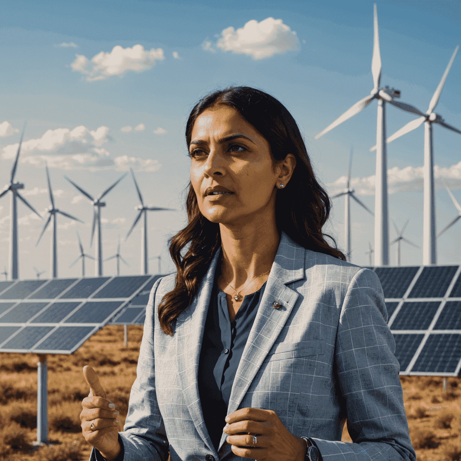 Dr. Sarah Patel, Environmental Policy Expert, speaking at a conference with a backdrop of wind turbines and solar panels